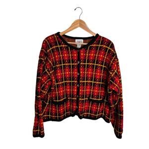 Vintage Cardigan Grandpa Style Size XL Cervelle Plaid Knit Red Yellow Black